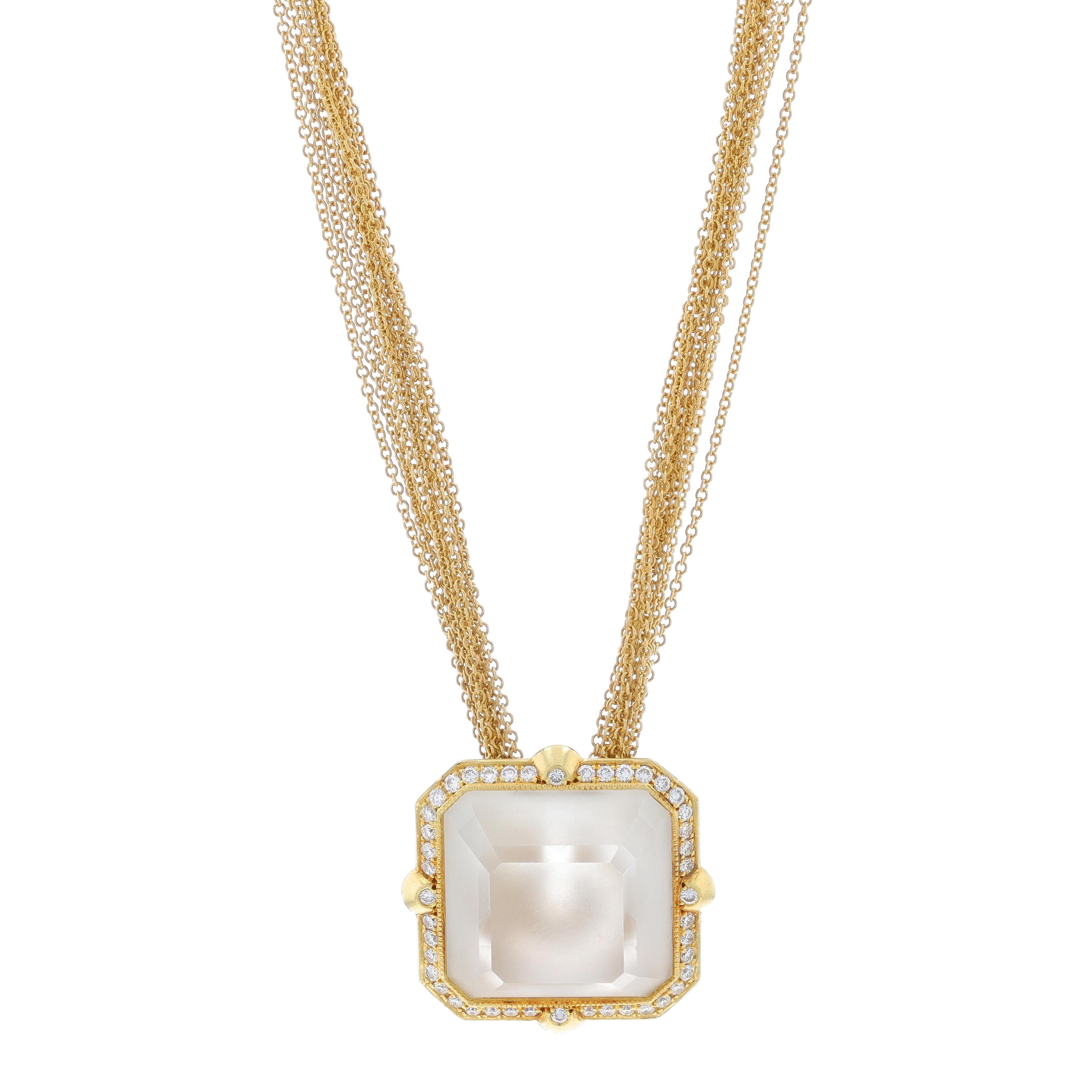 Metal Content: 14k Yellow Gold (chain) & 18k Yellow Gold (pendant)

Stone Information

Natural Quartz
Carat(s): 21.28ct
Cut: Square Step
Color: Colorless
Stone Note: Matte Finished with Polished Table

Natural Diamonds
Carat(s): .60ctw
Cut: Round