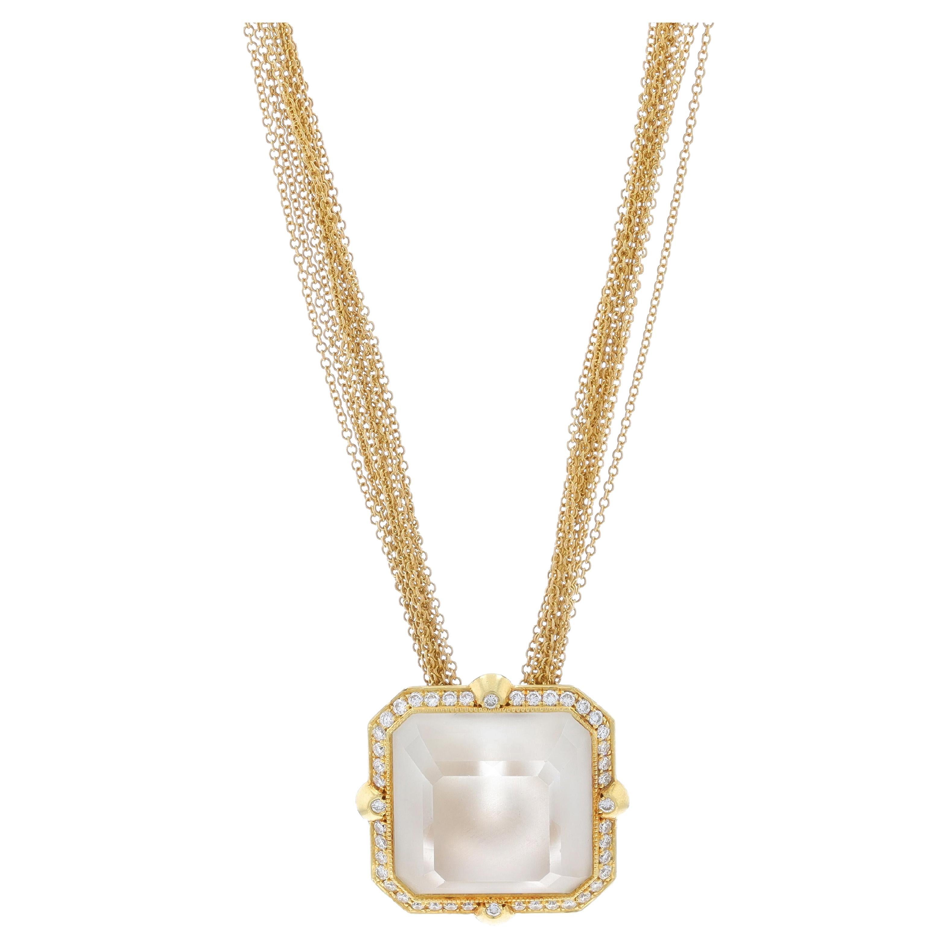 Yellow Gold Quartz Diamond Halo Necklace 15 1/2" - 14k 18k Square Step 21.88ctw