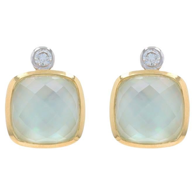 Yellow Gold Quartz over MOP & Diamond Short Drop Earrings - 14k Cush Cab.14ctw