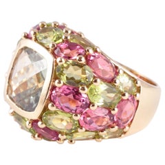 Yellow Gold Quartz Tourmaline Peridot Ring