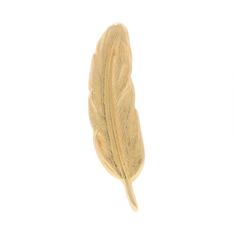 Metal Content: 14k Yellow Gold

Style: Brooch
Fastening Type: Hinged pIn and Whale Tail Clasp
Theme: Quill Feather Pen, Writer Author Secretary
Features: Textured Detailing

Measurements
Tall: 11/32