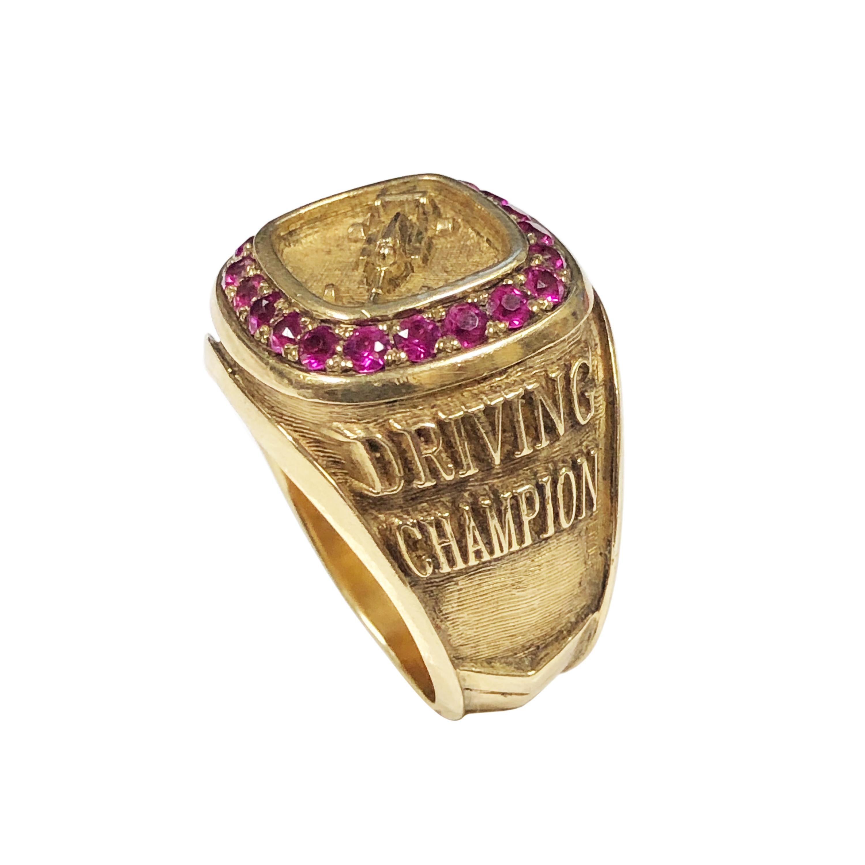 Circa 1980s 10K Yellow Gold Race Car Champion Ring owned and worn by Hollywood Legend Burt Reynolds,  Reynolds was the owner of Mach 1 Racing, a successful and winning NASCAR team, most likely the ring was a presentation for one of the team wins.