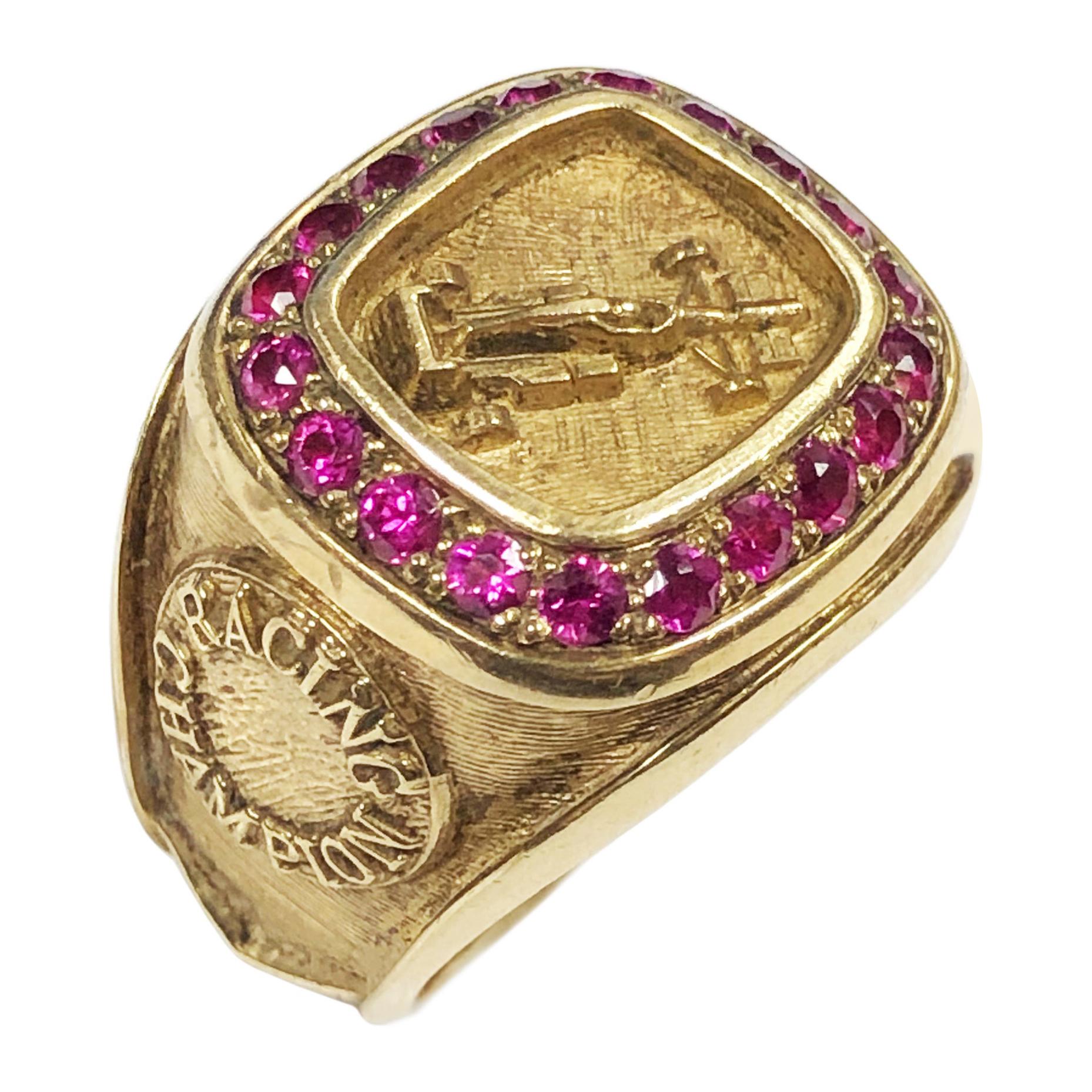 Yellow Gold Race Car Champion Ring Owned and Worn by Hollwood Icon Burt Reynolds For Sale