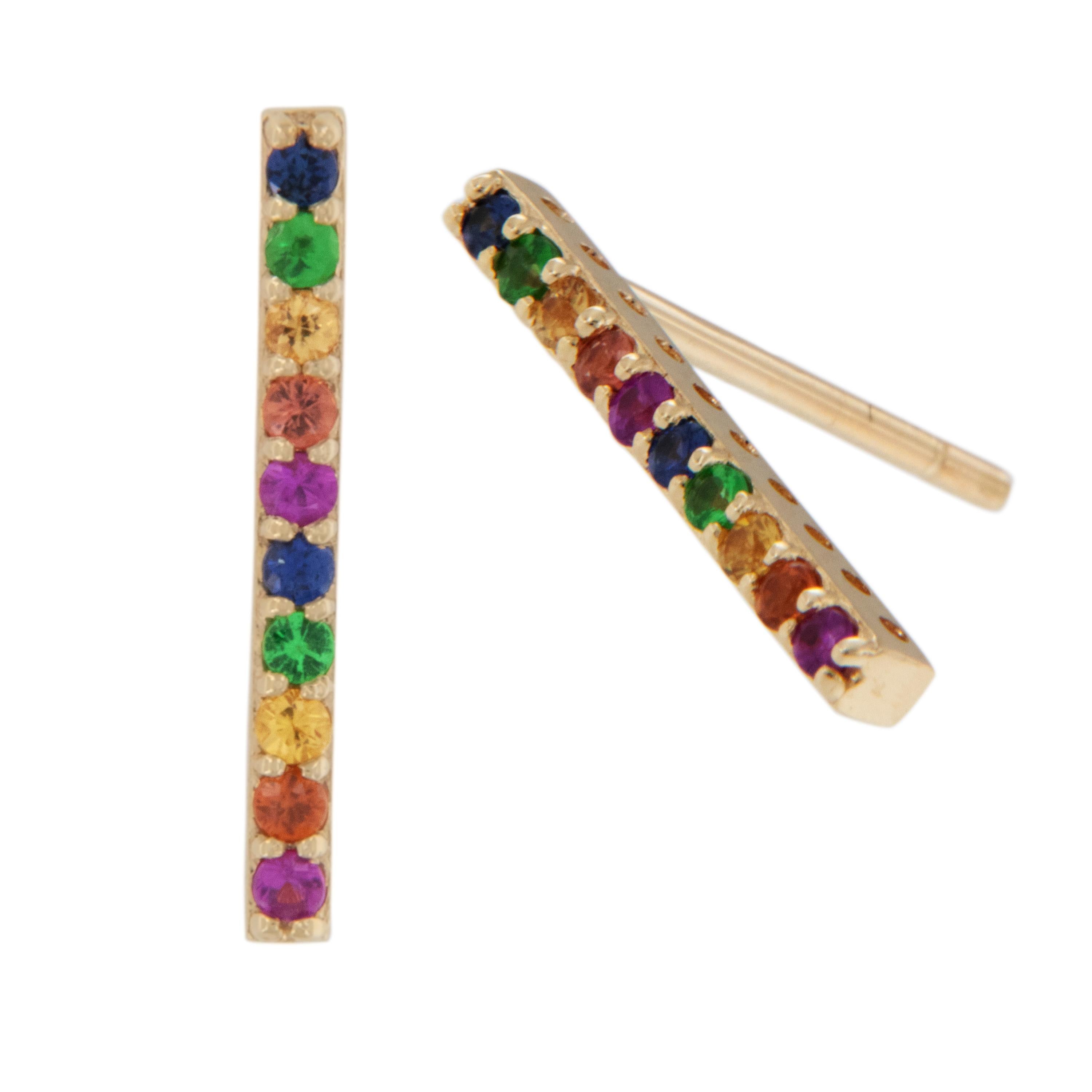 Contemporary Yellow Gold Rainbow Gemstone Stick Earrings  For Sale