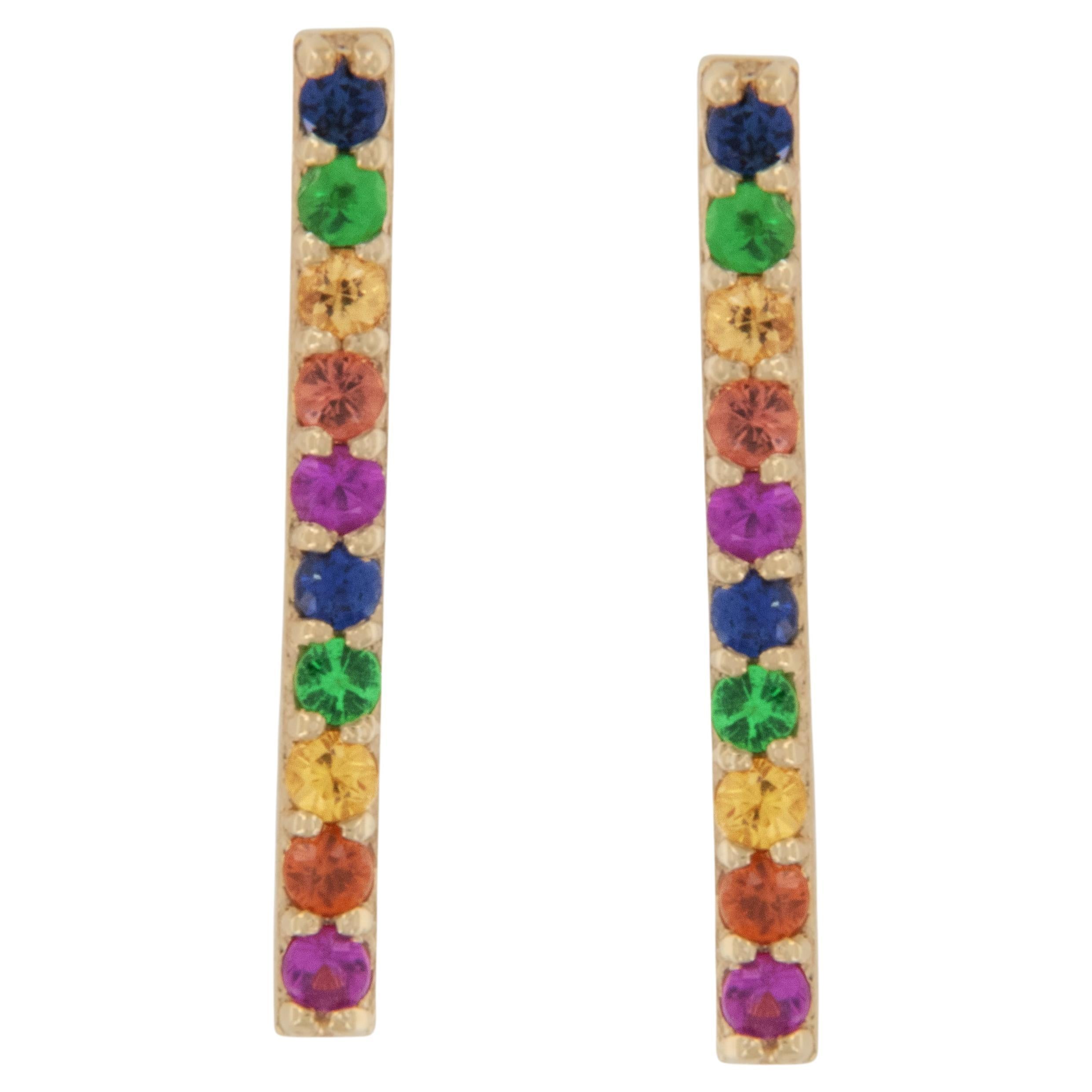Yellow Gold Rainbow Gemstone Stick Earrings 