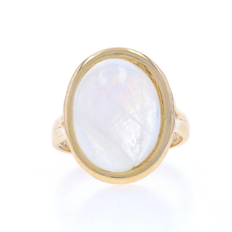 Size: 7 1/4
Sizing Fee: Up 1 size for $30 or Down 2 sizes for $30

Metal Content: 14k Yellow Gold

Stone Information

Natural Rainbow Moonstone
Carat(s): 9.55ct
Cut: Oval Cabochon

Total Carats: 9.55ct

Style: Cocktail Solitaire
Features: Split