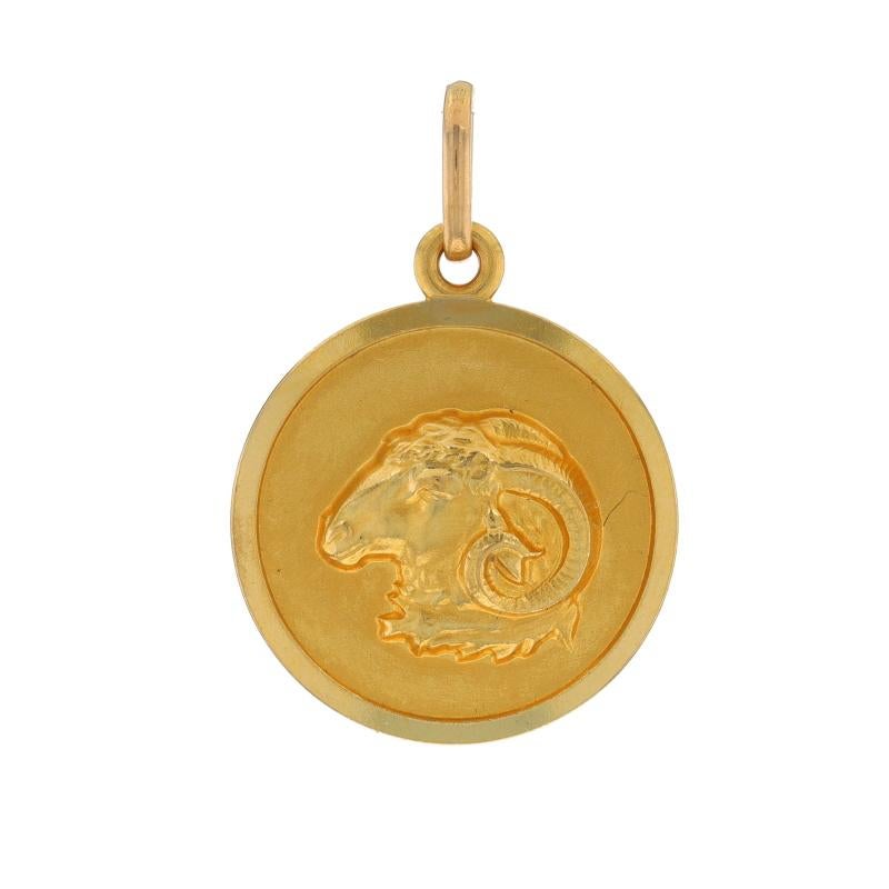 Metal Content: 18k Yellow Gold

Theme: Ram's Head, Astrological Zodiac Sign Aries
Features: Smooth & Matte Finishes

Measurements
Tall (from stationary bail): 7/8