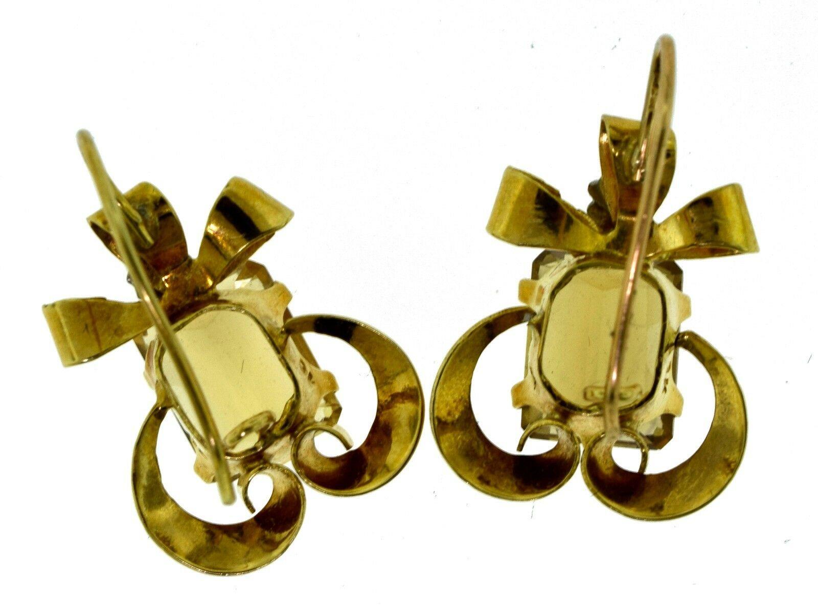 Emerald Cut Yellow Gold Rectangular Citrine Bow Tie Cocktail Earrings For Sale