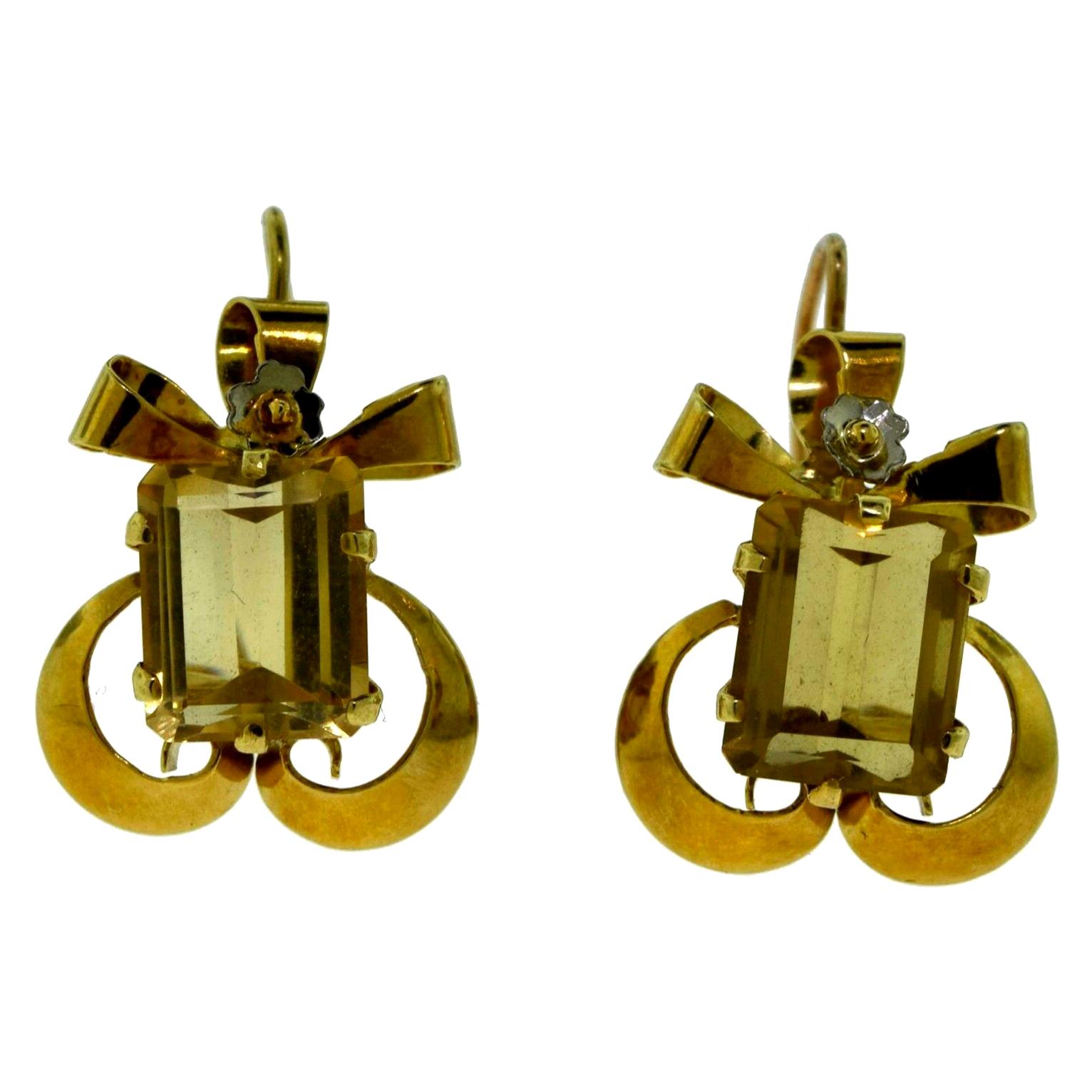 Yellow Gold Rectangular Citrine Bow Tie Cocktail Earrings