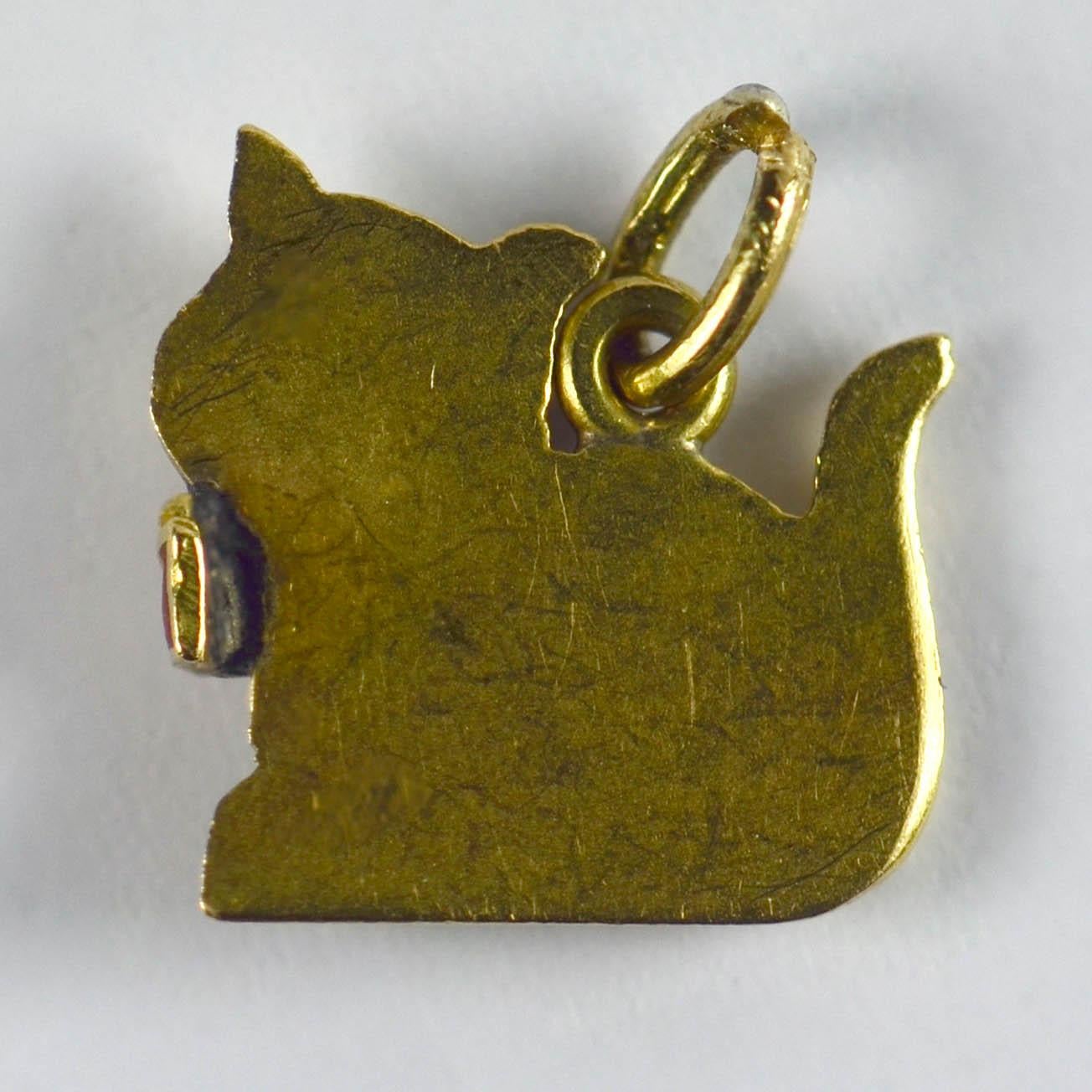 Women's or Men's Yellow Gold Red Enamel Cat Charm Pendant