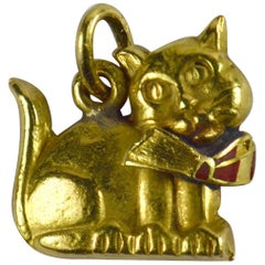 Yellow Gold Red Enamel Cat Charm Pendant