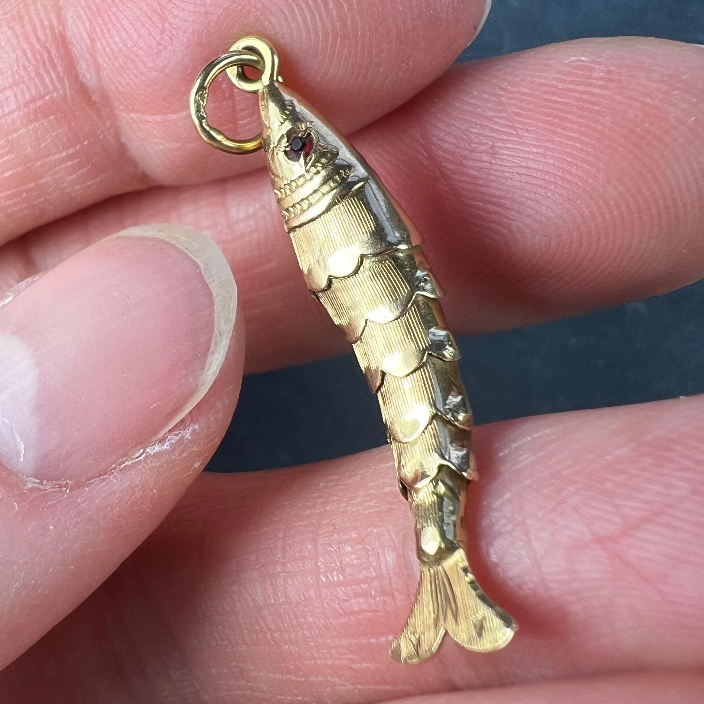 Women's or Men's Yellow Gold Red Paste Articulated Flexible Fish Charm Pendant