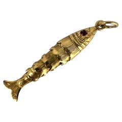 Yellow Gold Red Paste Articulated Flexible Fish Charm Pendant