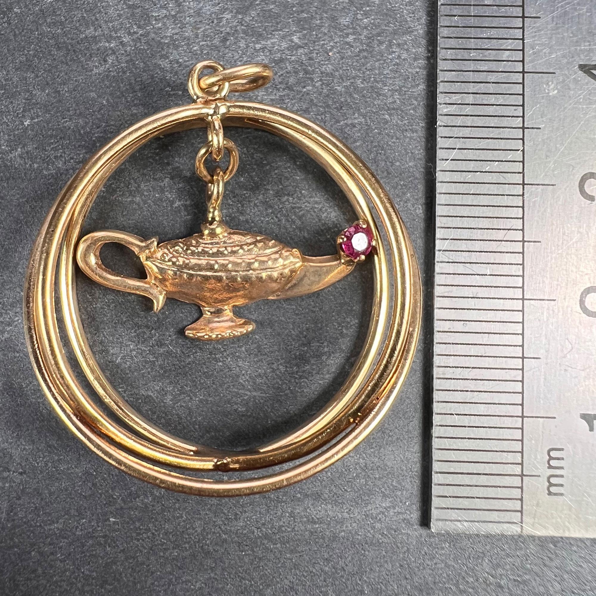 Yellow Gold Red Ruby Genie Lamp Kinetic Large Charm Pendant For Sale 2