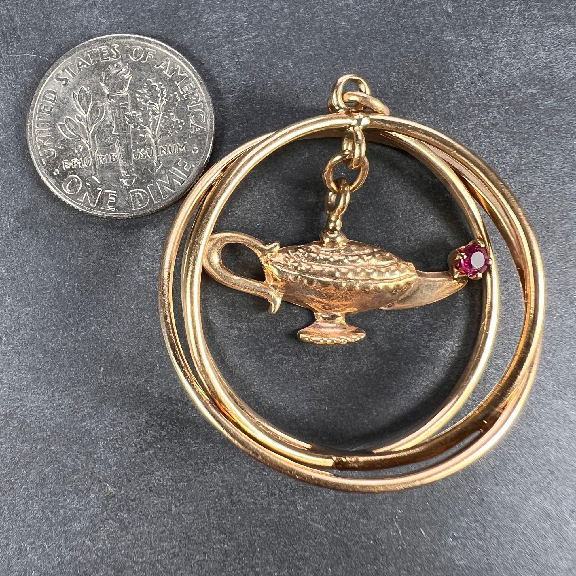 Yellow Gold Red Ruby Genie Lamp Kinetic Large Charm Pendant For Sale 3