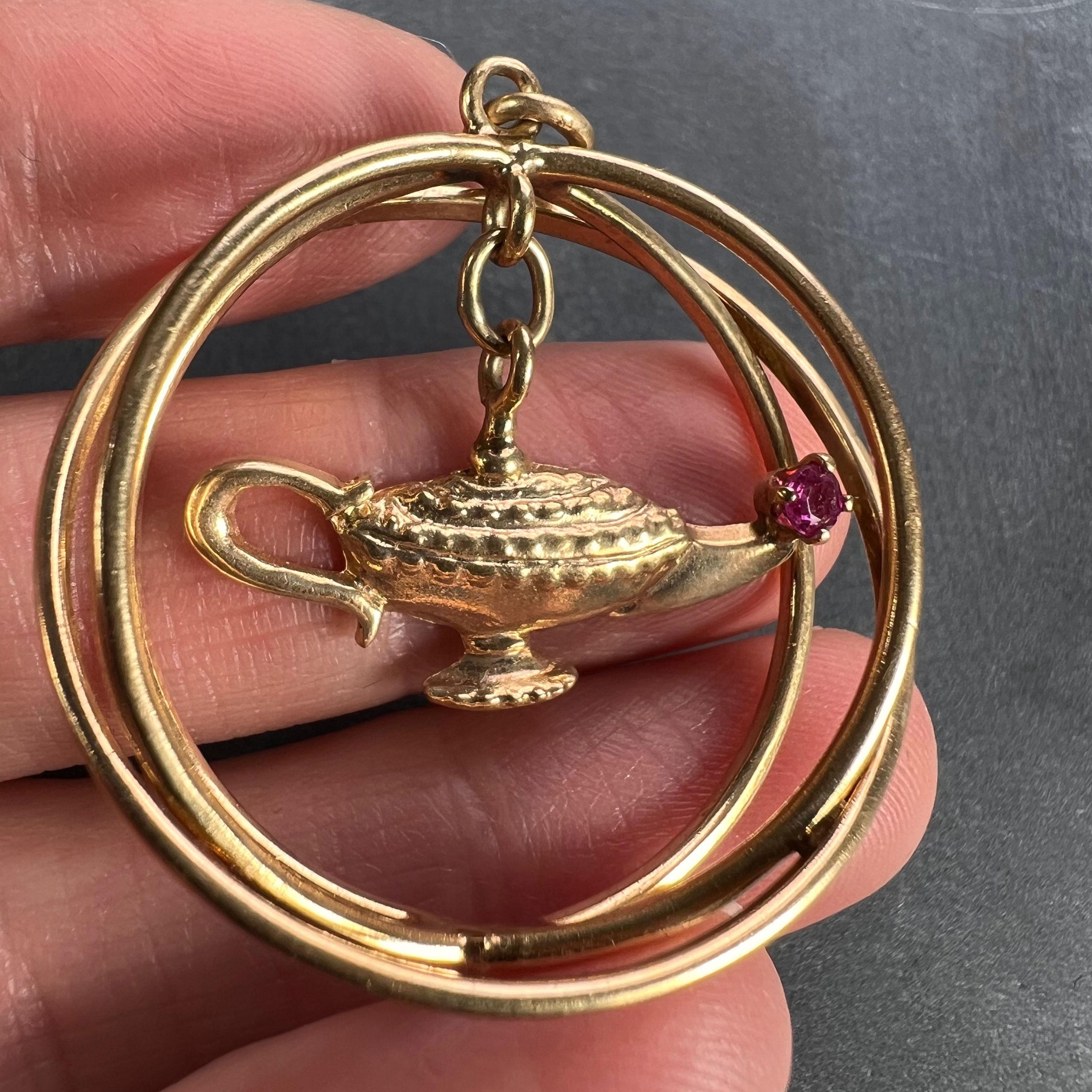 Round Cut Yellow Gold Red Ruby Genie Lamp Kinetic Large Charm Pendant For Sale