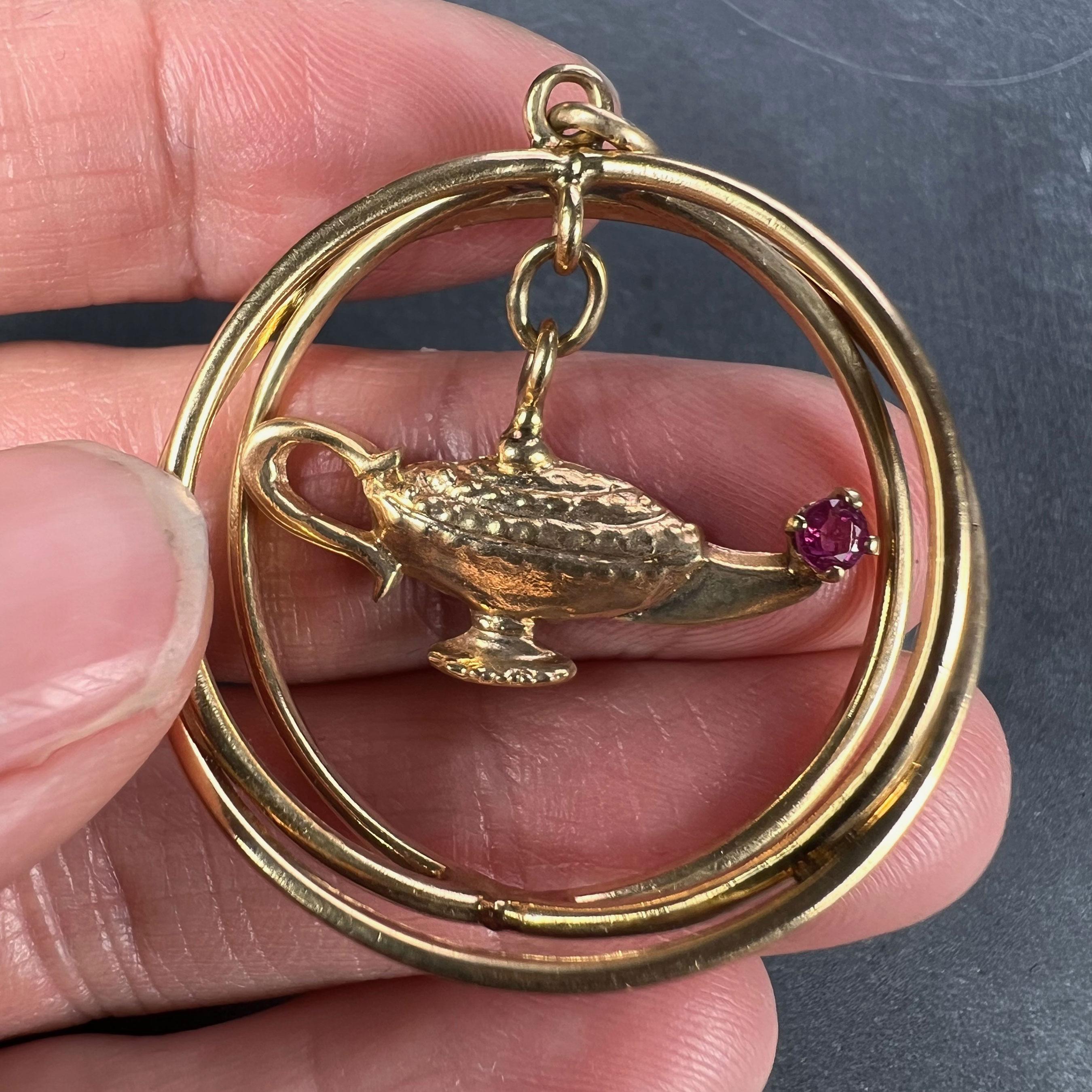 Yellow Gold Red Ruby Genie Lamp Kinetic Large Charm Pendant In Good Condition For Sale In London, GB