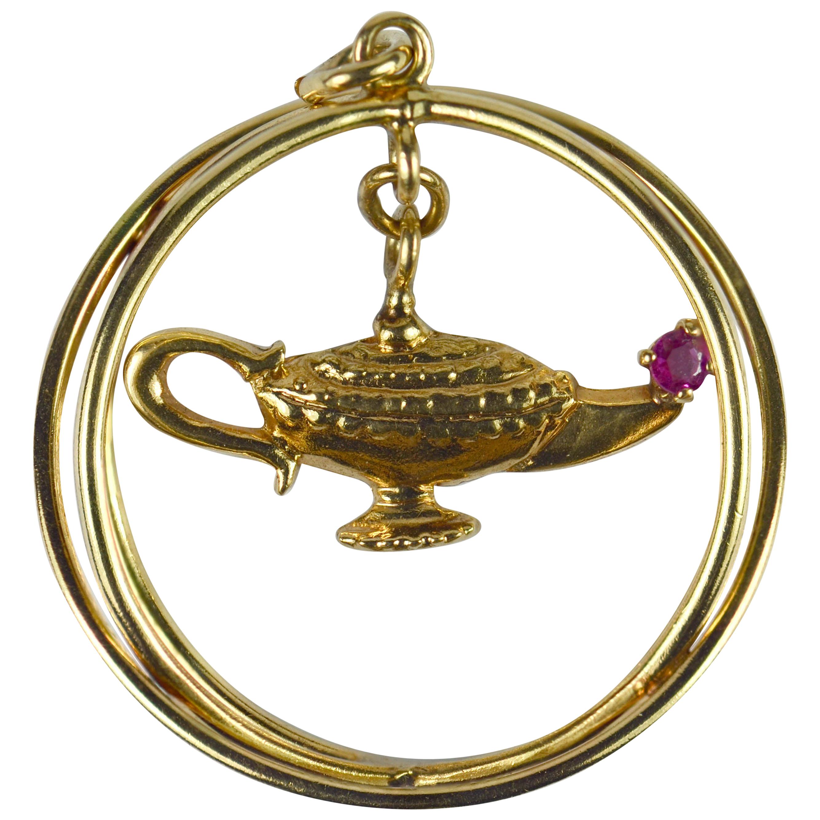 Yellow Gold Red Ruby Genie Lamp Kinetic Large Charm Pendant For Sale
