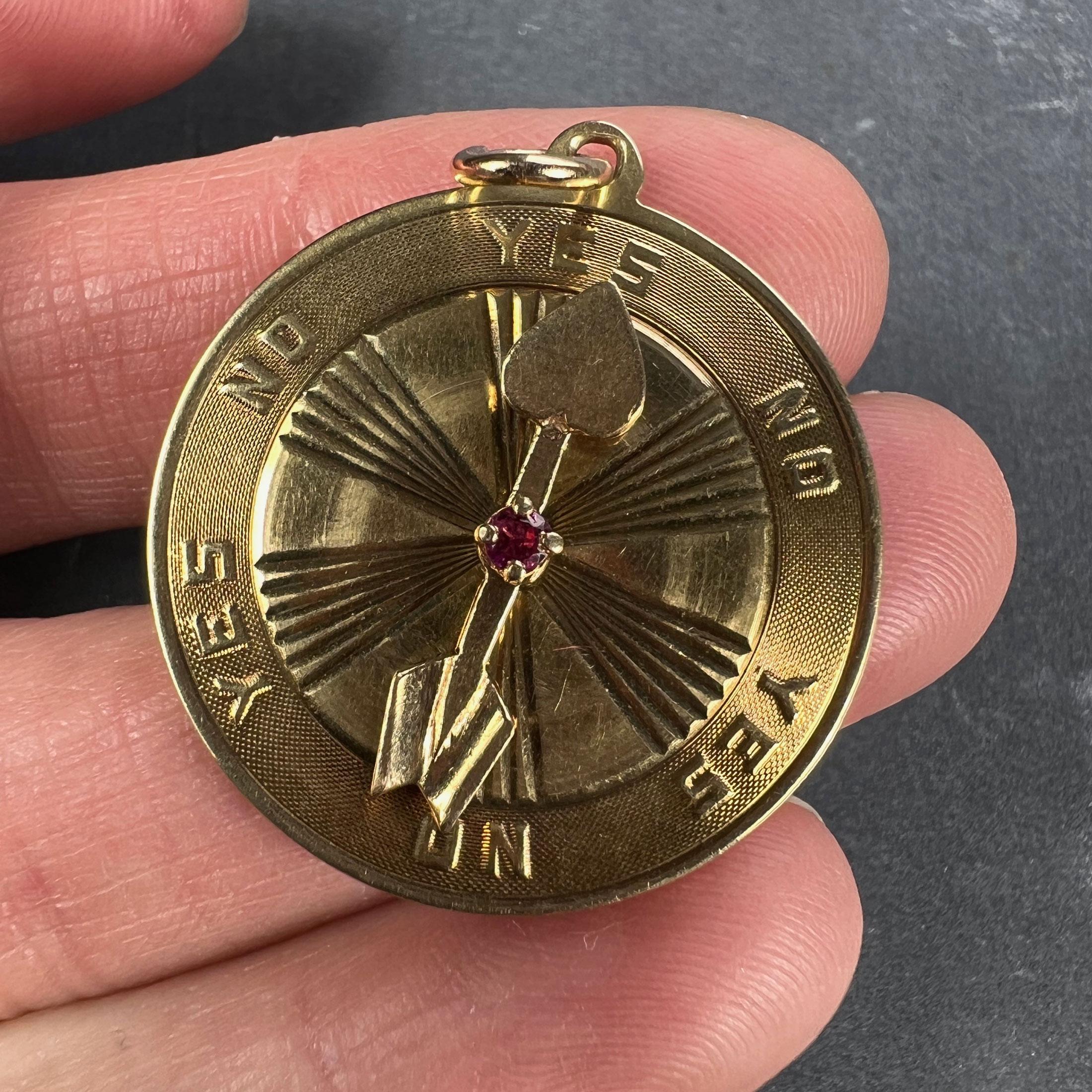 Round Cut Yellow Gold Red Ruby Love Heart Spinning Arrow Yes No Decision Charm Pendant