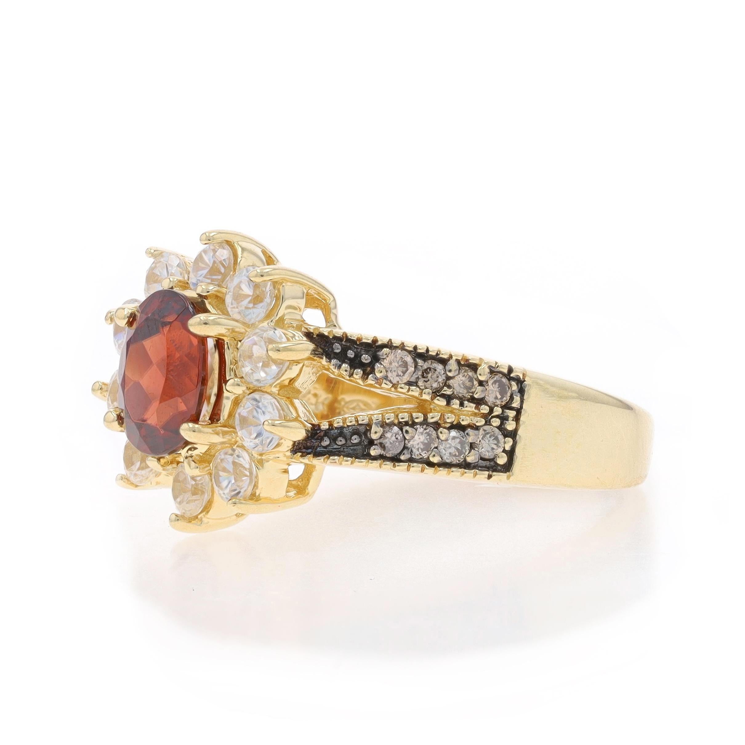 Yellow Gold Red & White Zircon & Diamond Halo Ring - 14k Oval 2.75ctw Flower In Excellent Condition For Sale In Greensboro, NC
