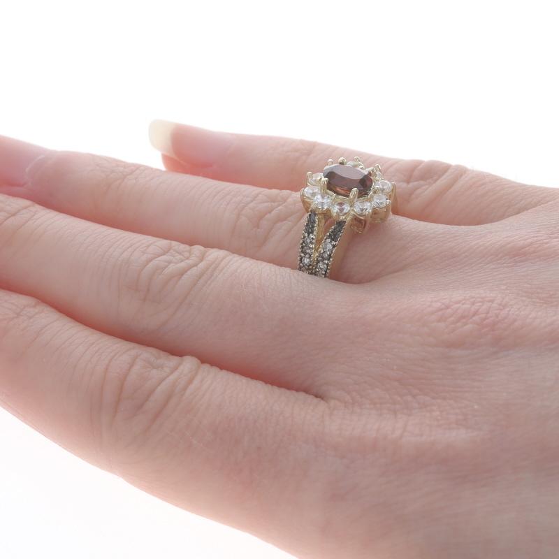 Women's Yellow Gold Red & White Zircon & Diamond Halo Ring - 14k Oval 2.75ctw Flower For Sale