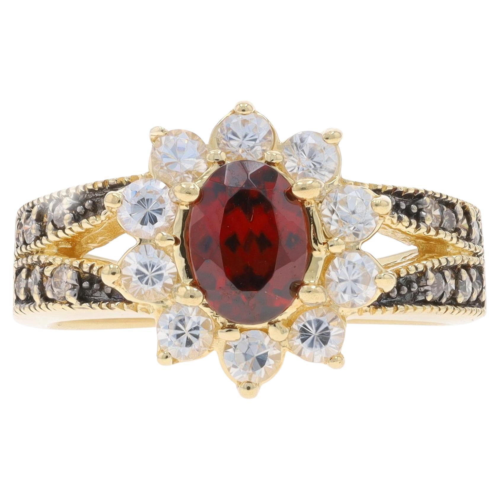Yellow Gold Red & White Zircon & Diamond Halo Ring - 14k Oval 2.75ctw Flower