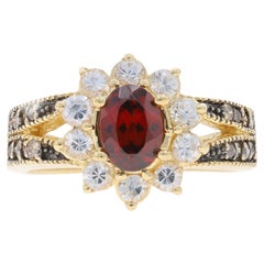 Yellow Gold Red & White Zircon & Diamond Halo Ring - 14k Oval 2.75ctw Flower