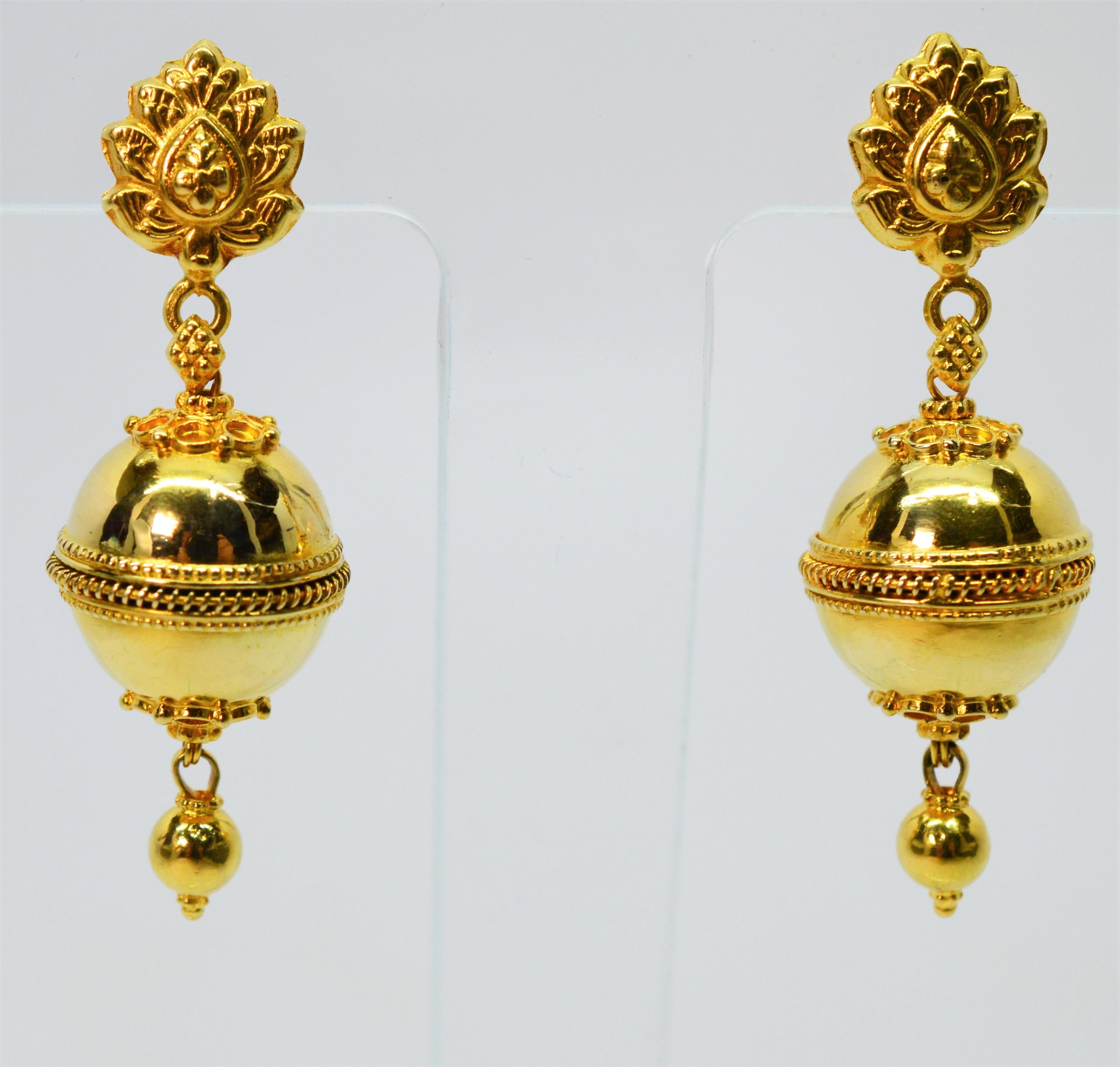 Yellow Gold Regal Ball Double Drop Earrings In Excellent Condition For Sale In Mount Kisco, NY