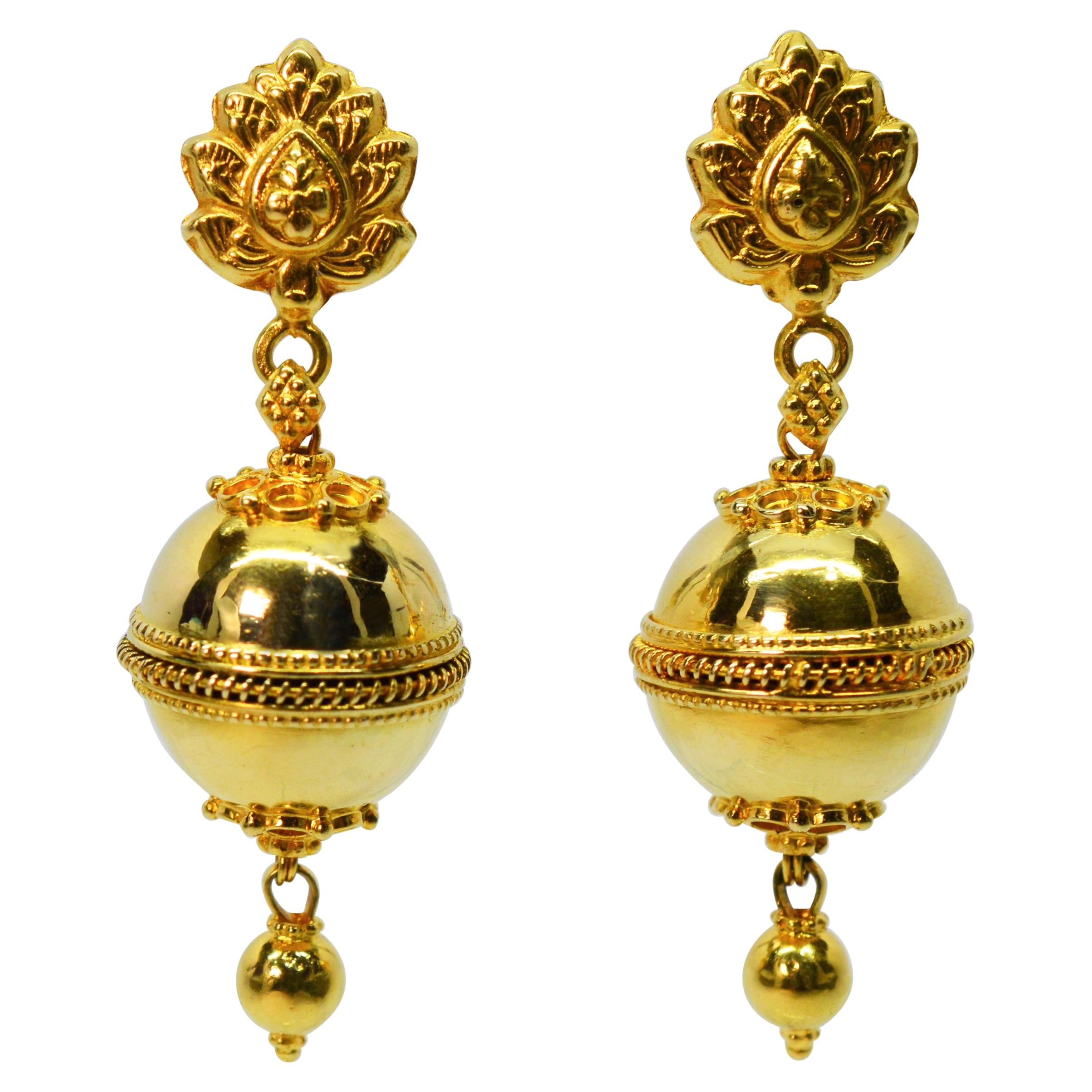 Yellow Gold Regal Ball Double Drop Earrings For Sale