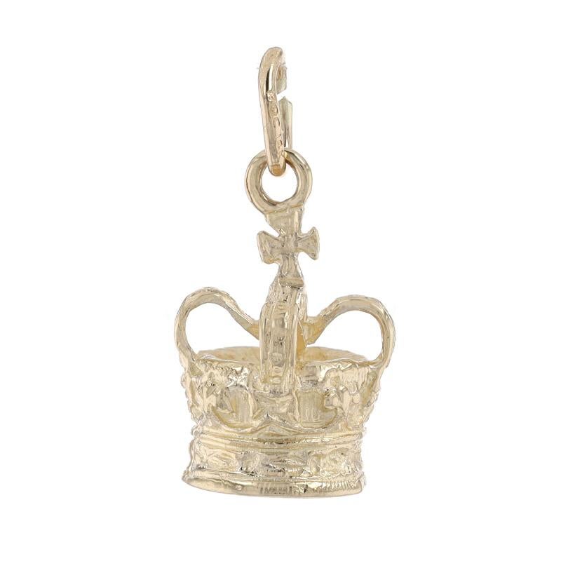 Metal Content: 14k Yellow Gold

Theme: Regal Crown, Royalty 
Features: Etched Detailing

Measurements

Tall (from stationary bail): 11/16