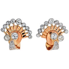 Yellow Gold Retro Old Cut Diamond Fan Earrings 7.00 Carat