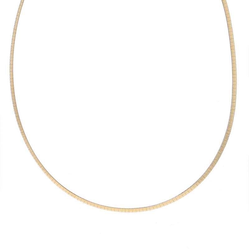 Metal Content: 14k Yellow Gold & 14k White Gold

Chain Style: Diamond Cut Omega
Necklace Style: Chain
Fastening Type: Snap Lock Clasp
Features: Reversible Design

Measurements
Length: 17