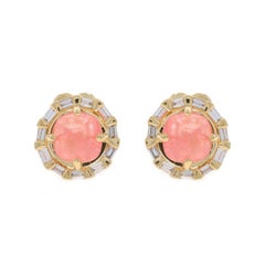 Yellow Gold Rhodochrosite Diamond Halo Stud Earrings - 14k Square Cab .20ctw