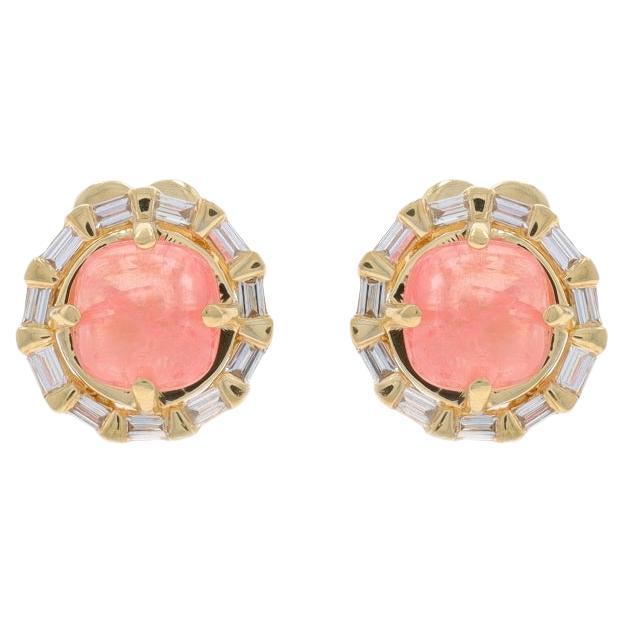 Yellow Gold Rhodochrosite Diamond Halo Stud Earrings - 14k Square Cab .20ctw