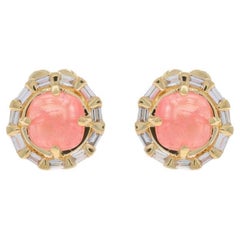 Pendientes de oro amarillo con halo de diamantes rodocrosita - Cabujón cuadrado 14k .20ctw