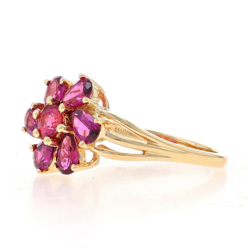 Pear Cut Yellow Gold Rhodolite Garnet Bypass Cluster Halo Ring - 14k Pear 1.80ctw Flower For Sale