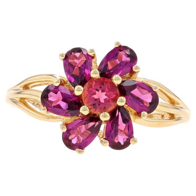 Yellow Gold Rhodolite Garnet Bypass Cluster Halo Ring - 14k Pear 1.80ctw Flower For Sale