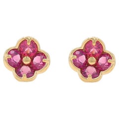 Yellow Gold Rhodolite Garnet Flower Cluster Stud Earrings 14k 2.40ctw Quatrefoil