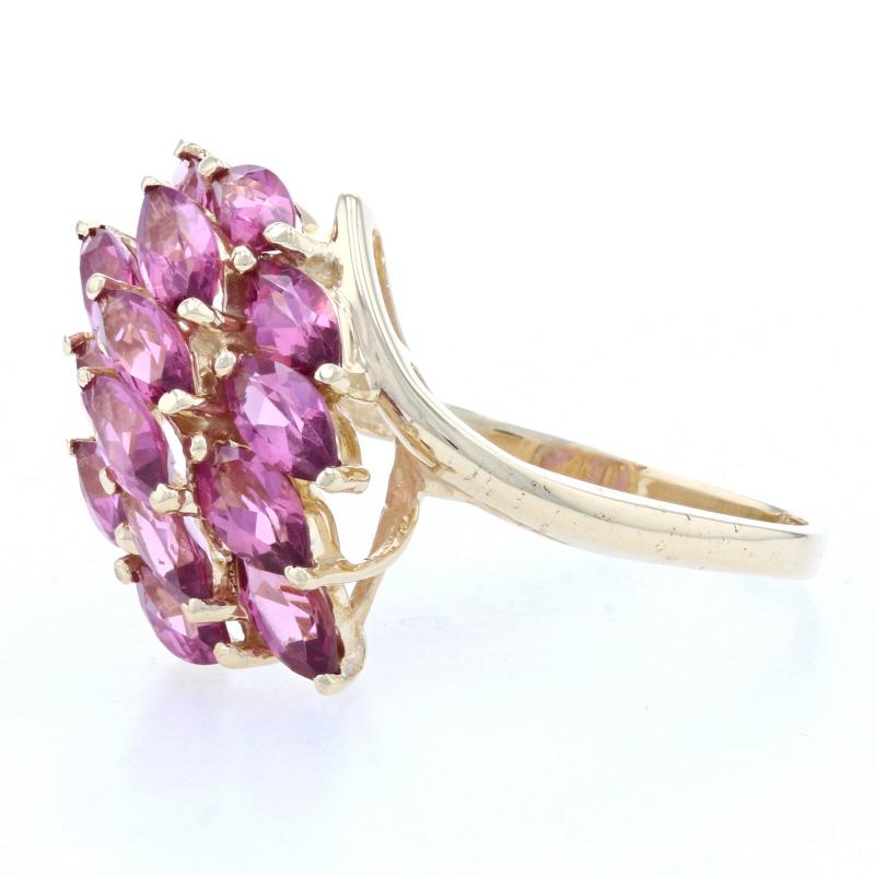 Uncut Yellow Gold Rhodolite Garnet Waterfall Cluster Bypass Ring, 10k Marquise 2.10ctw