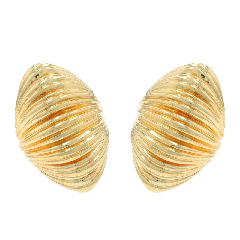 Metal Content: 18k Yellow Gold

Style: Large Stud
Fastening Type: Clip-On Closures
Theme: Ribbed Shell, Dome
Features: Ribbed Detailing

Measurements
Tall: 27/32