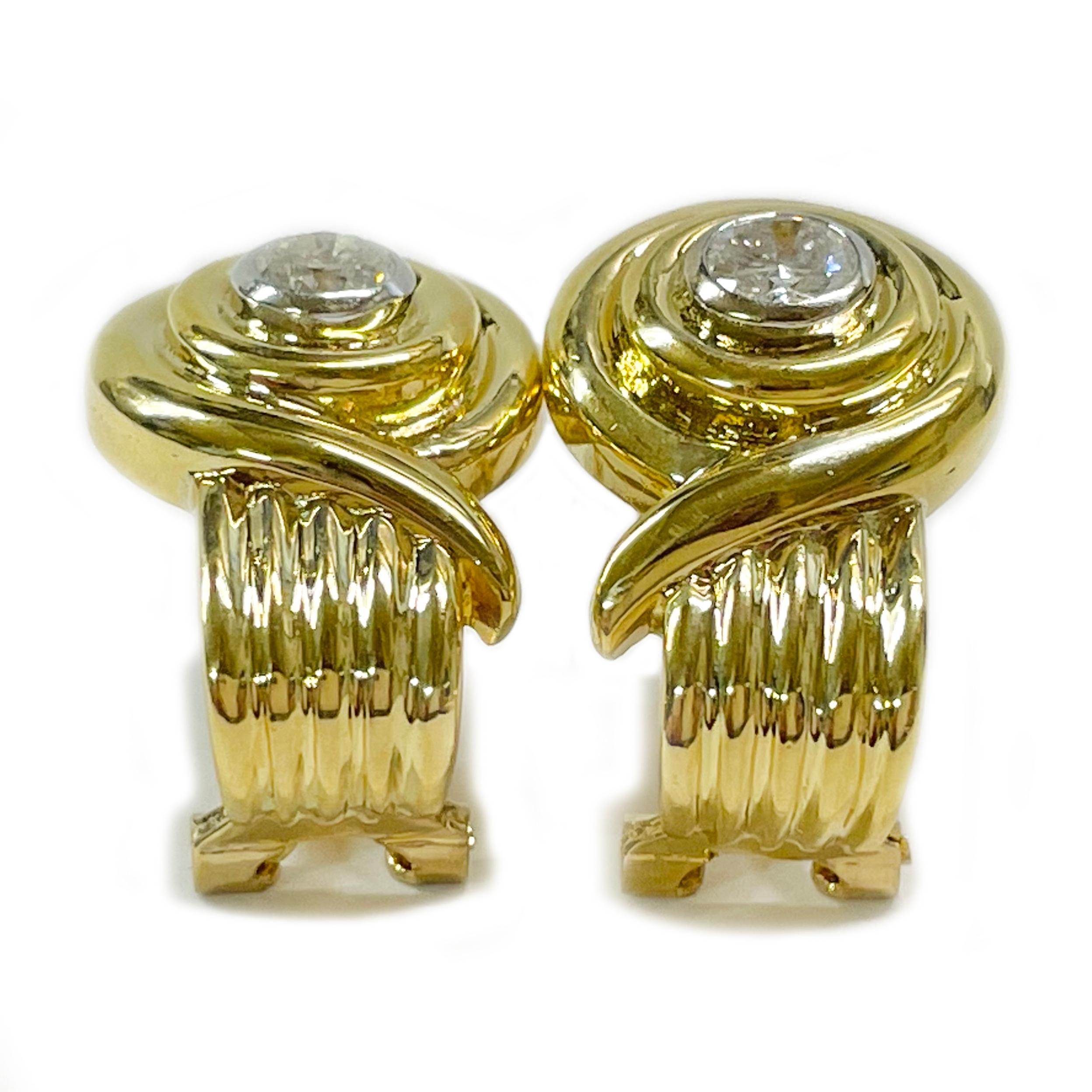 Contemporary Yellow Gold Ridged Diamond Earrings For Sale