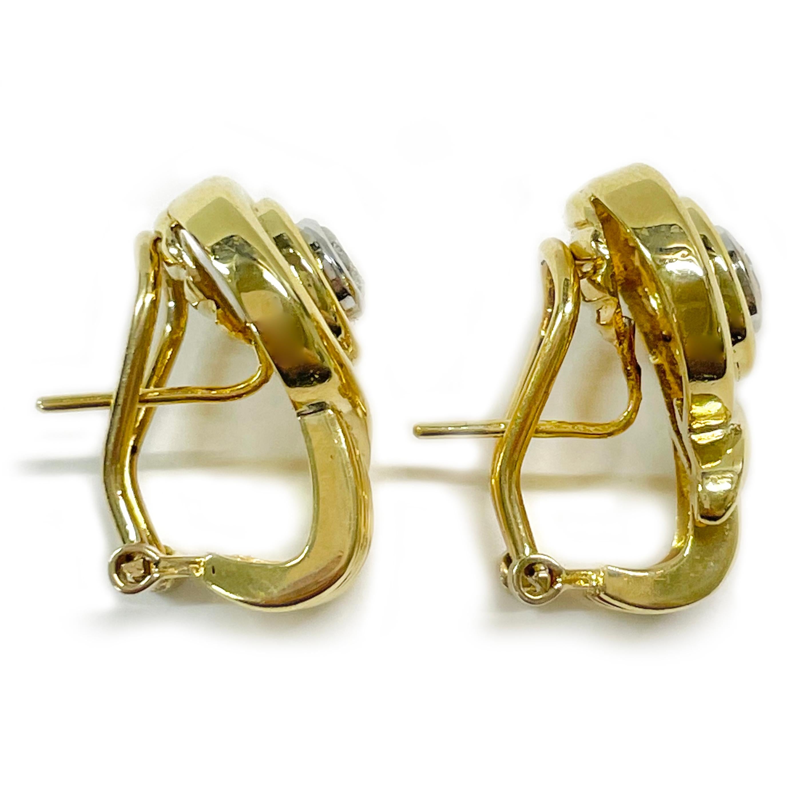 Round Cut Yellow Gold Ridged Diamond Earrings For Sale