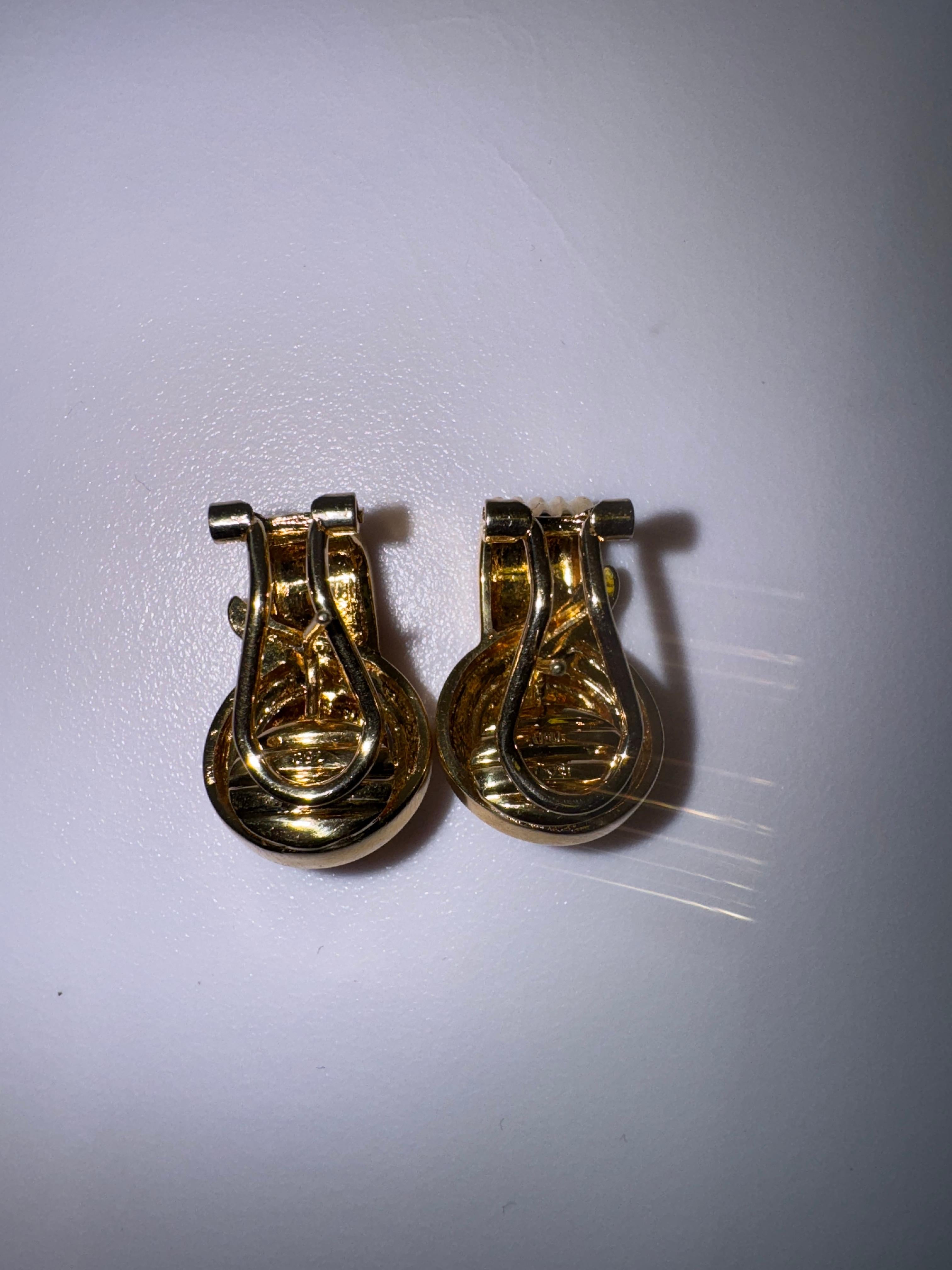 Women's or Men's Yellow Gold Ridged Diamond Earrings For Sale