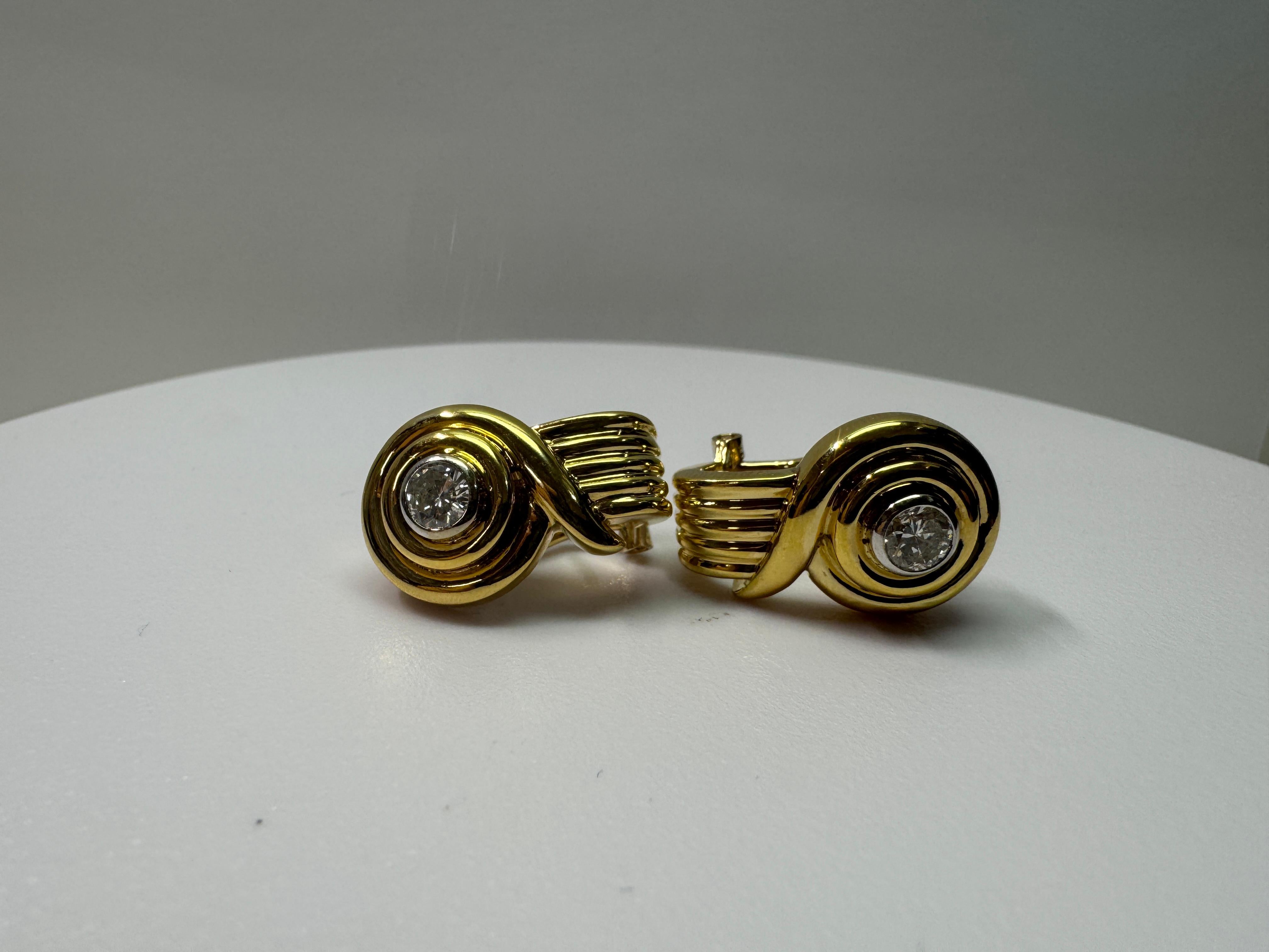 Yellow Gold Ridged Diamond Earrings For Sale 2
