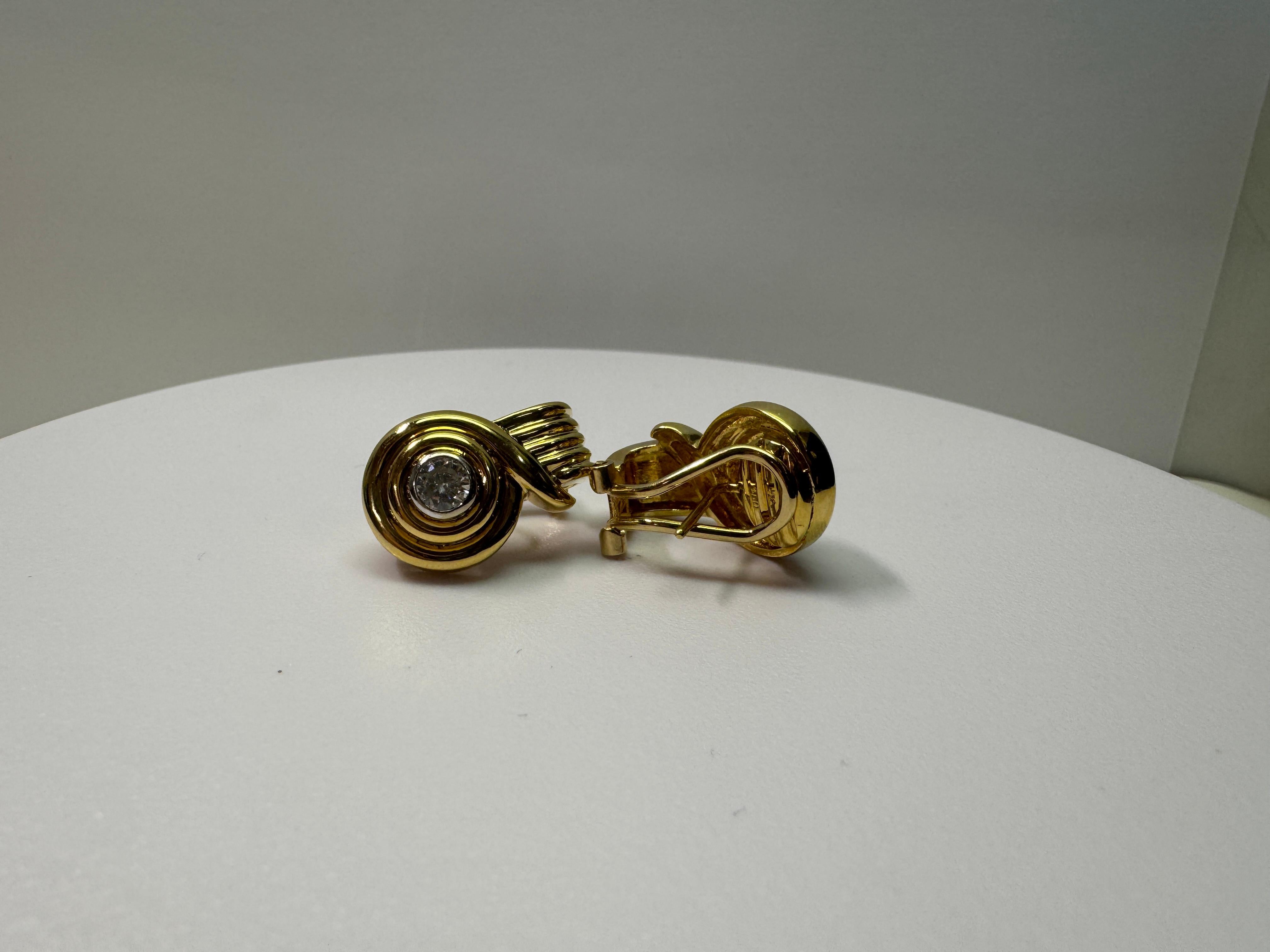 Yellow Gold Ridged Diamond Earrings For Sale 3