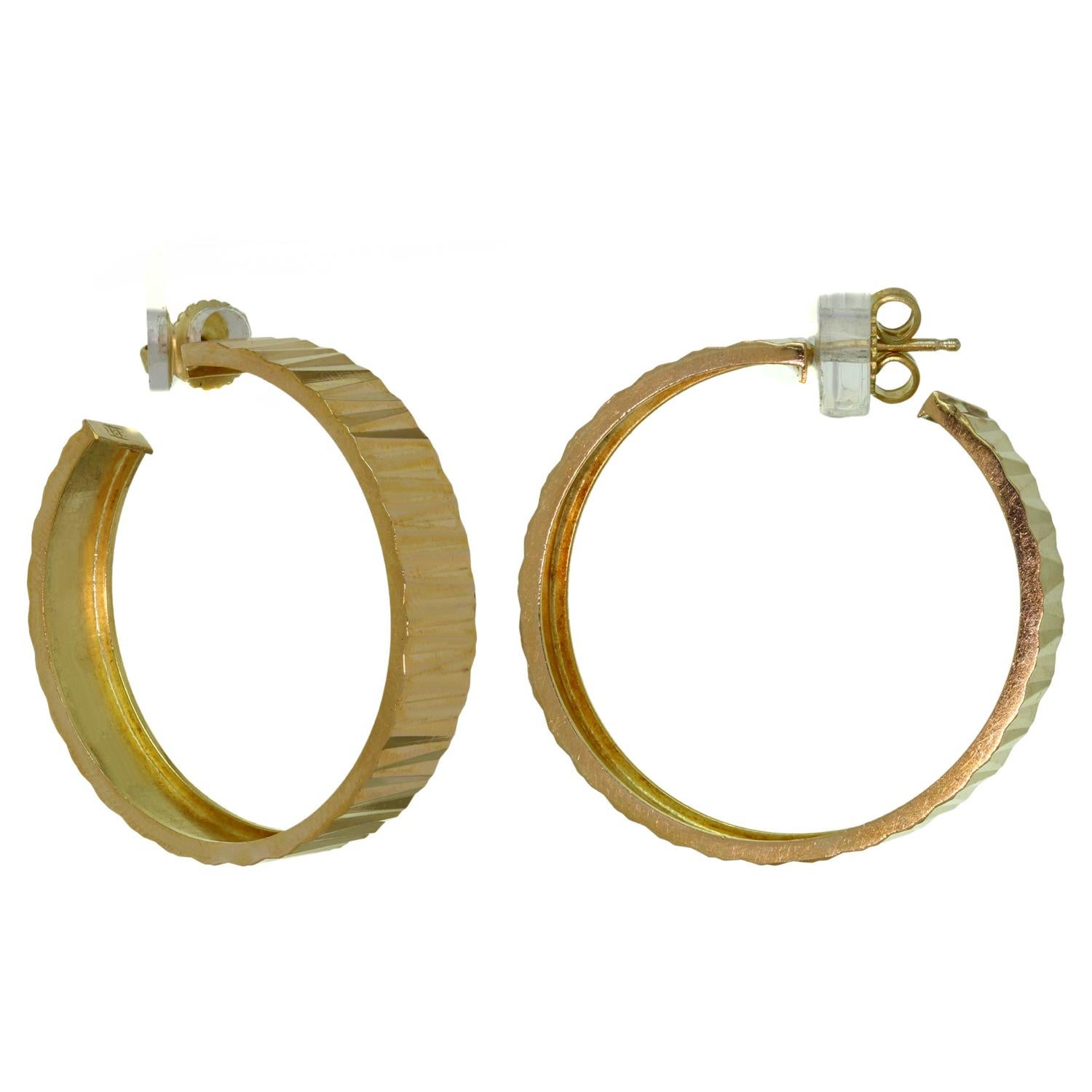Women's Yellow Gold Ridged Hoop Earrings For Sale