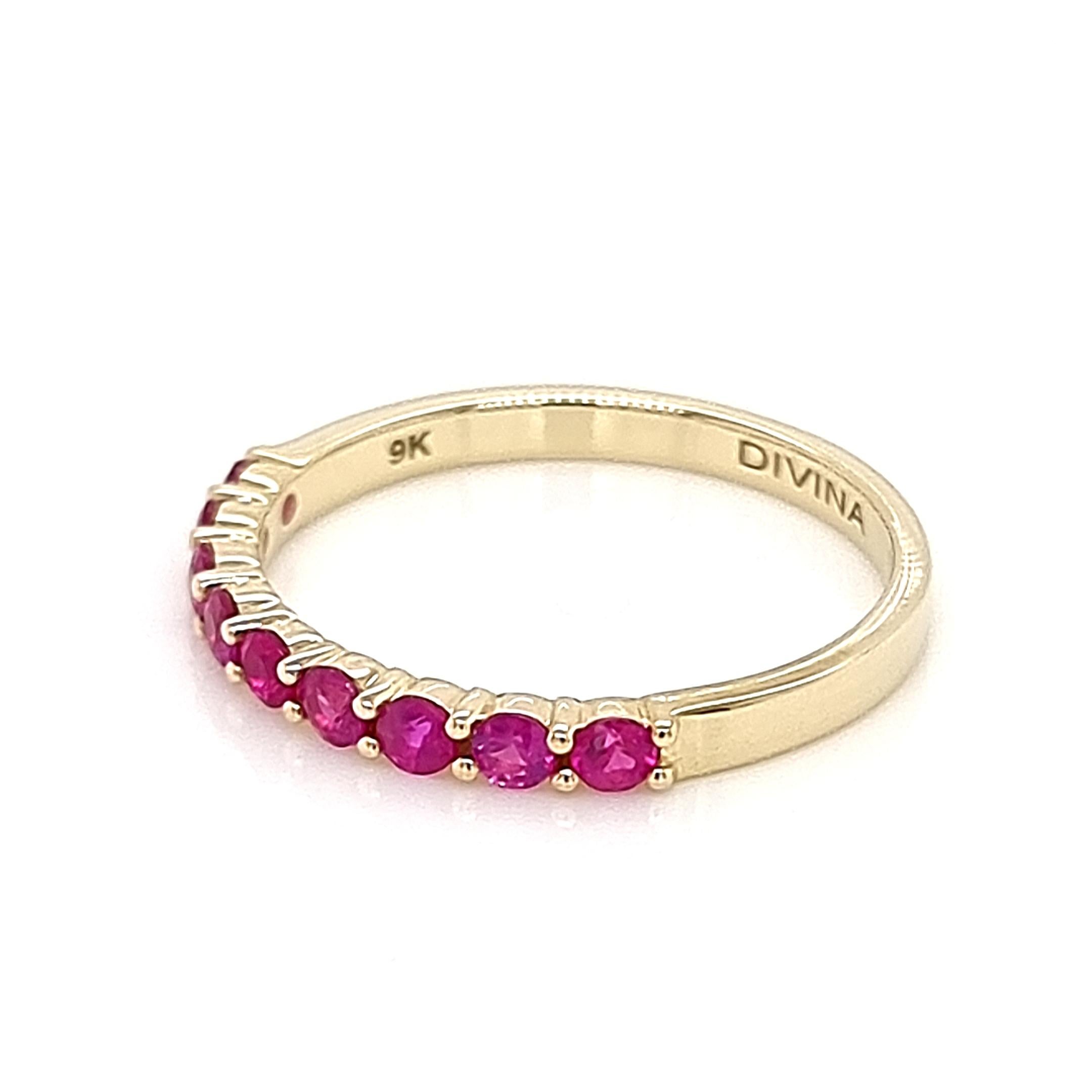 Introducing the epitome of cuteness and elegance, this enchanting 9K yellow gold half shank band showcases a delightful design with natural rubies, infusing a playful charm into its allure. The fusion of the dainty half shank and the vibrant rubies