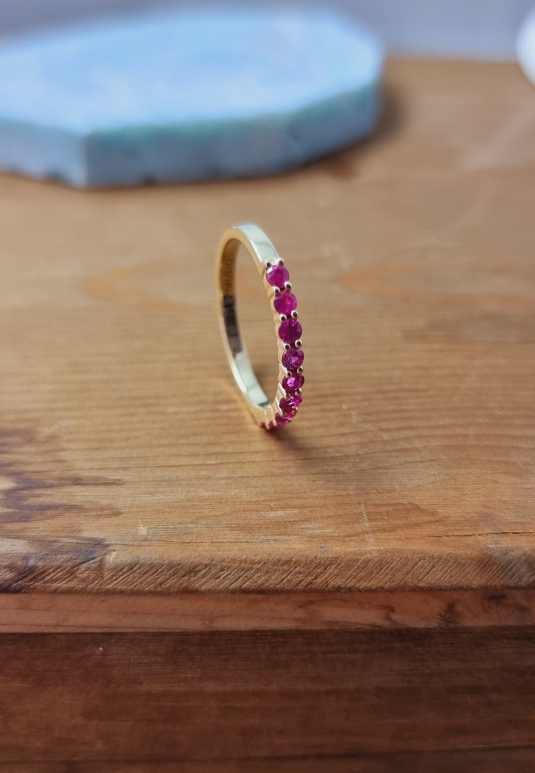 Women's Yellow Gold Ring Band with Round Natural Rubies in Half Shank Arrangement For Sale