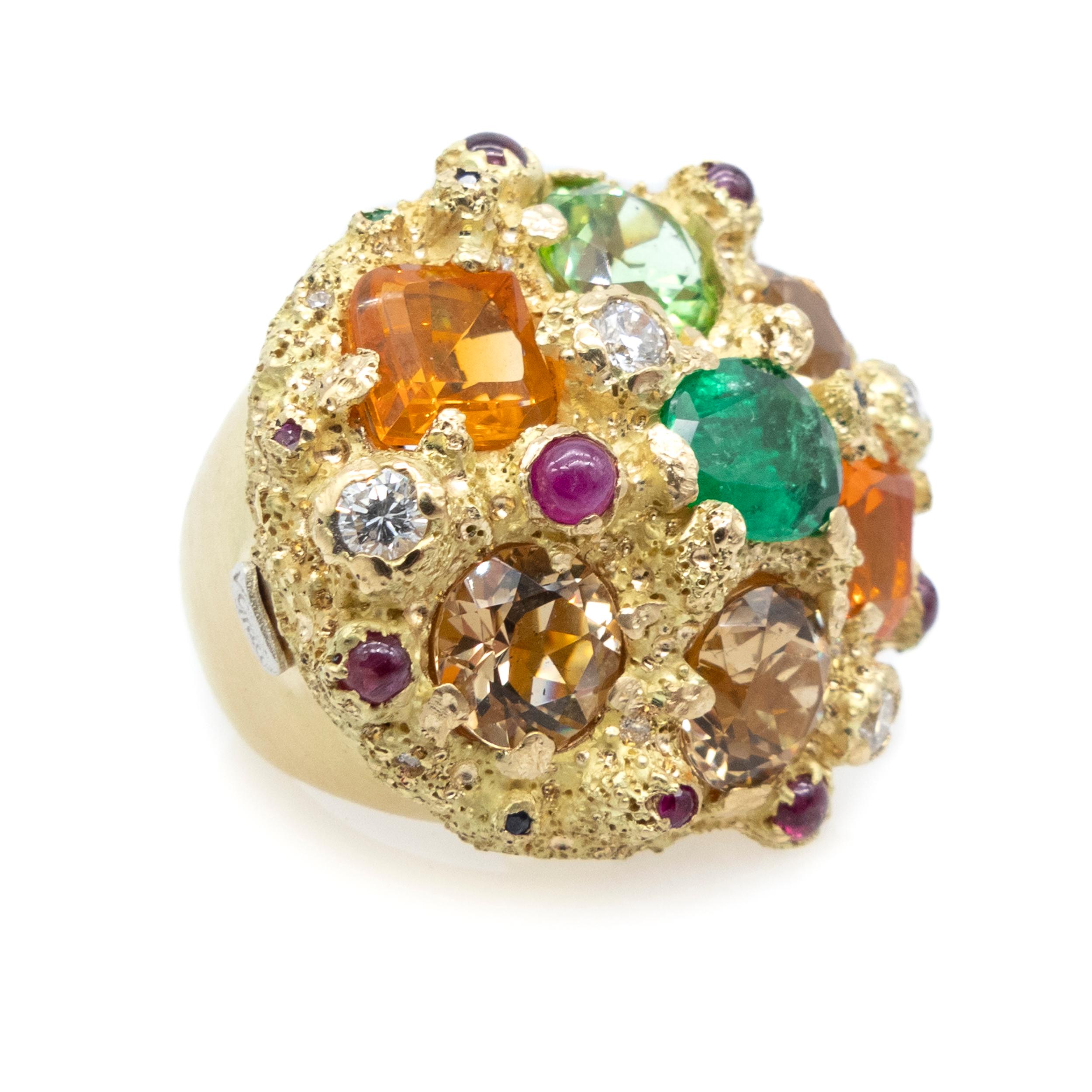 Modern Yellow Gold Ring Emerald Beryl Champagne Peridot Mint Fire Opal Rubies Diamonds For Sale