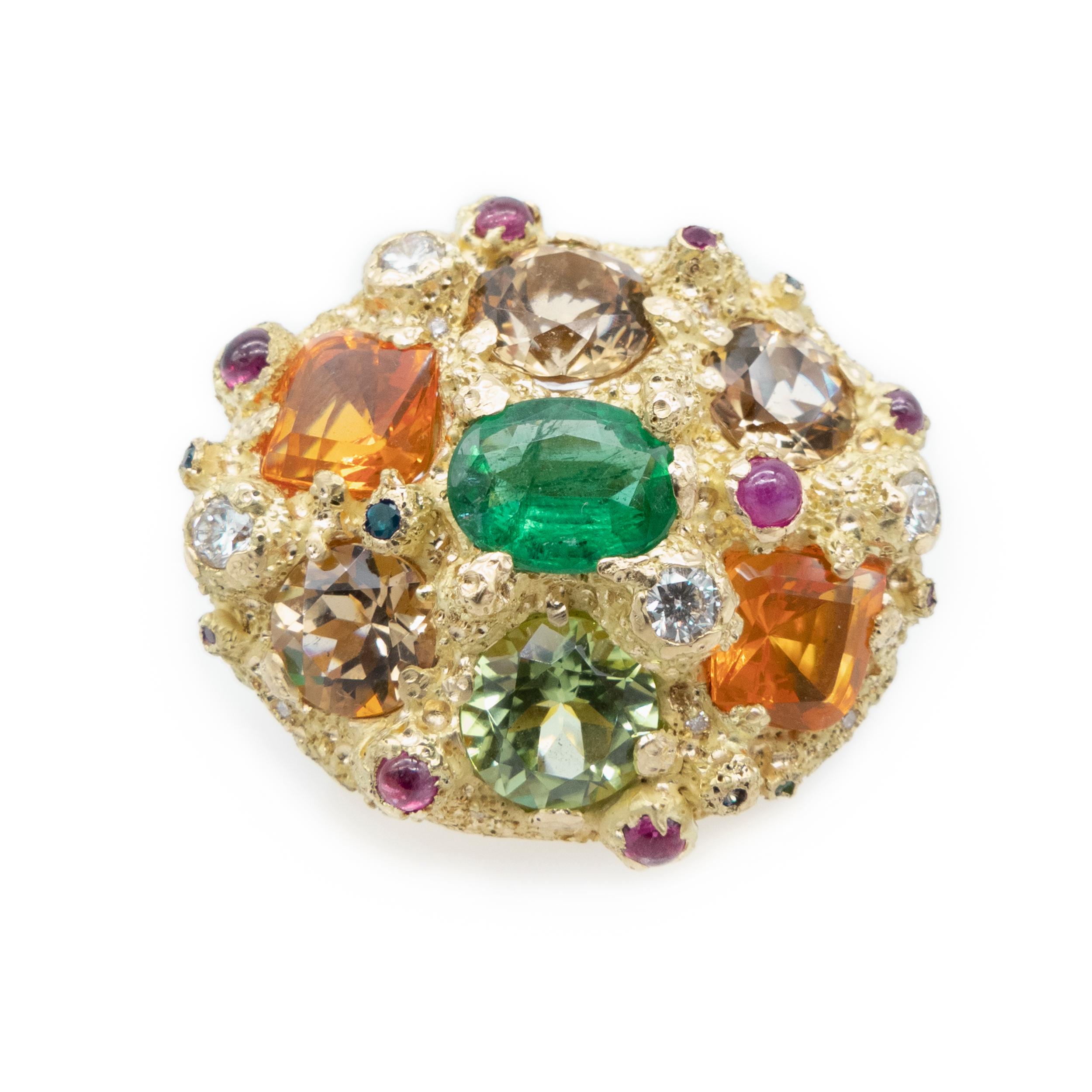 Yellow Gold Ring Emerald Beryl Champagne Peridot Mint Fire Opal Rubies Diamonds In New Condition For Sale In Valencia, ES